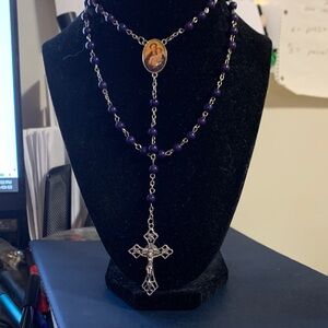Purple Beaded Rosary Necklace with Crucifix - Reads St Anthony  Pray for us